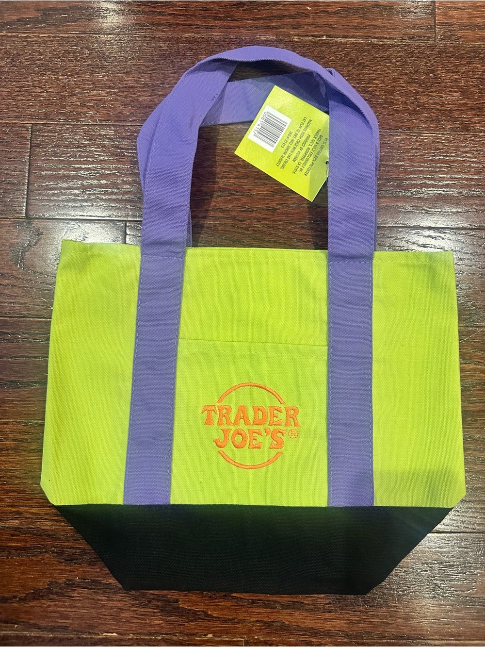 Trader Joe's Lime Green Canvas Tote with Purple Handles